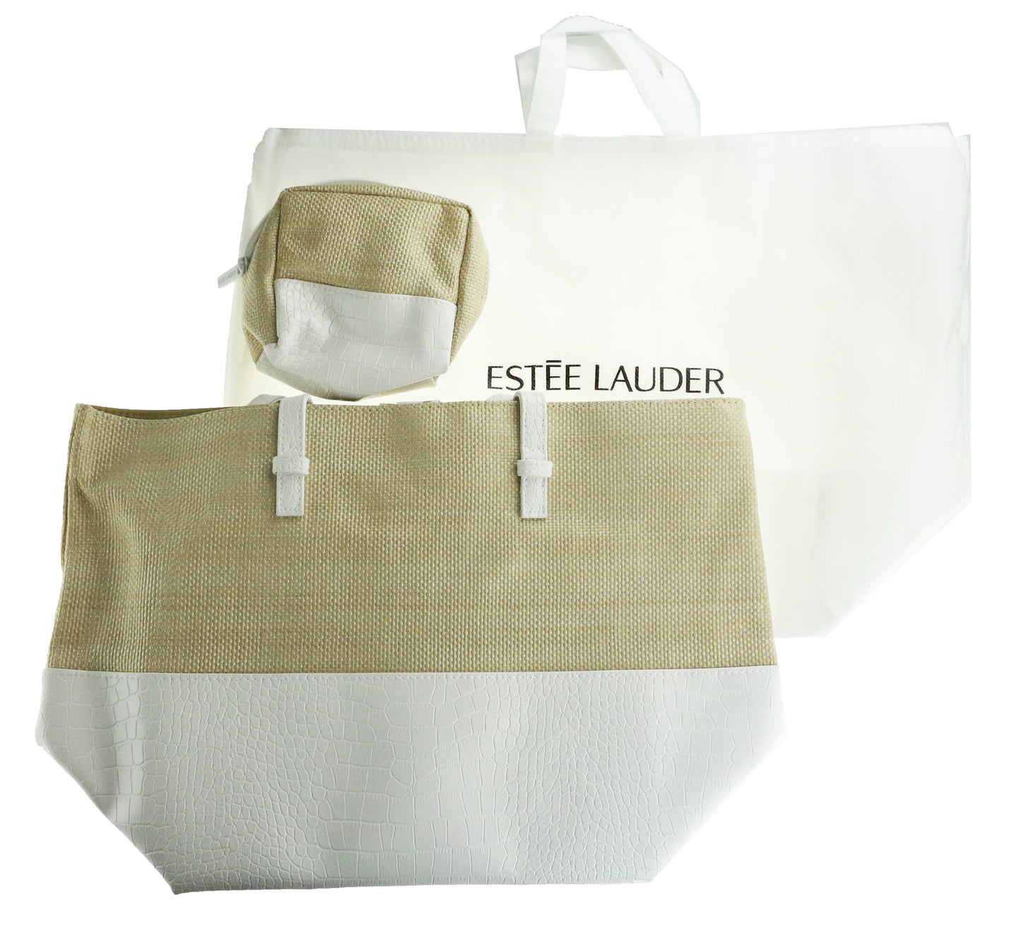 Estee Lauder White And Beige 3Pcs Bag Set New Tote Bag